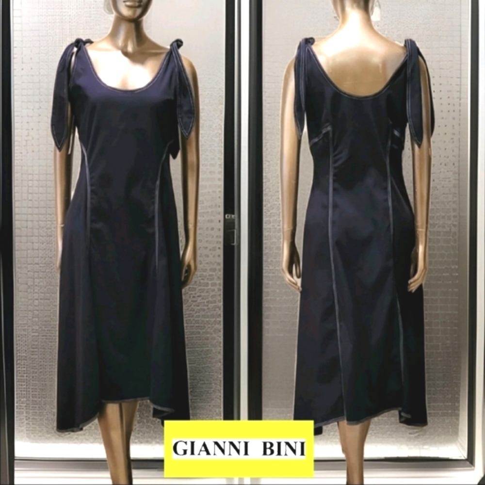 NWT GIANNI BINI Luna Navy White Stitch A-line Tie Shoulder Midi Dress Sz 6